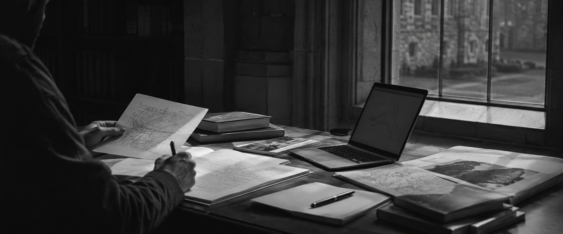 Conceptual image of a researcher comparing source documents and handwritten notes beside a laptop.